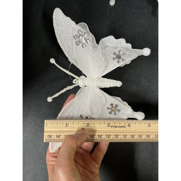 12 Silver/Blue Glittered Christmas Ornaments:Butterflies Dragonfly Bird Flowers - Picture 5 of 16